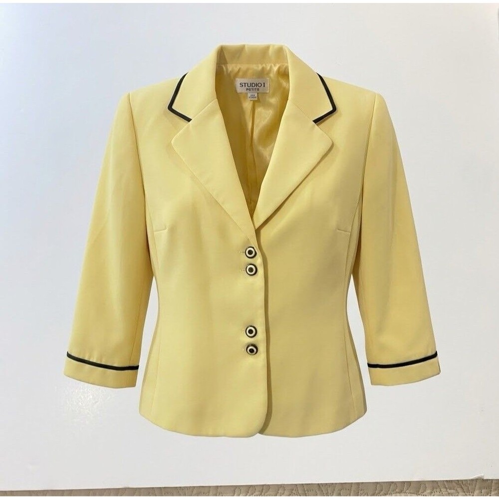 Vtg 90s Studio I Yellow Suit Jacket Blazer 8P Black Piping Clueless Career Retro